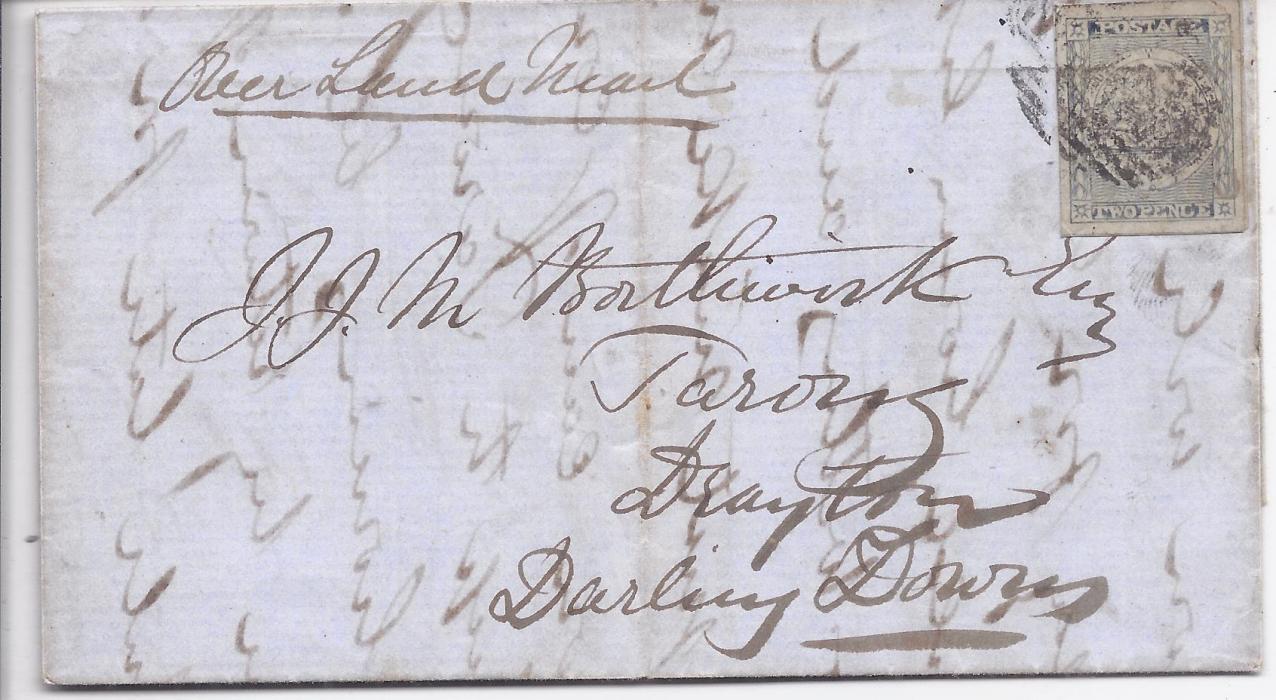 Australia (New South Wales) 1851 entire from Sydney to Drayton, Darling Downs franked 2d. with good to large margins tied barred numeral, reverse with Sydney date stamp. The front of entire endorsed Overland Mail  Most mail to Moreton Bay District came by coastal ships and not overland.