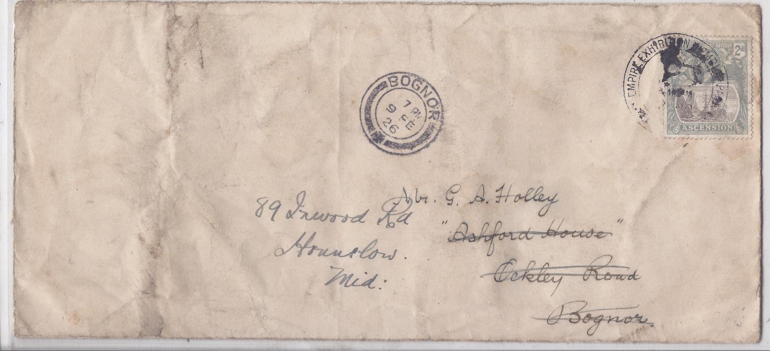 Ascension 1925  (NO) long envelope to England franked 2d. tied by British Empire Exhibition pictorial datestamp, redirected on arrival with Bognor cds; without backstamps, vertical crease at left, a rare cancel.