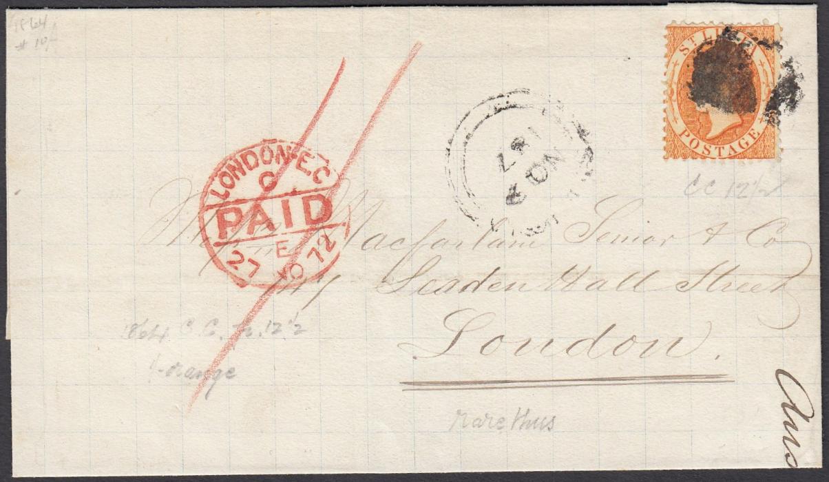 ST LUCIA 1872 (NO) outer letter sheet to London bearing single franking 1s orange, perf 12, tied unclear cork with cds alongside, red LONDON arrival to left; fresh condition.