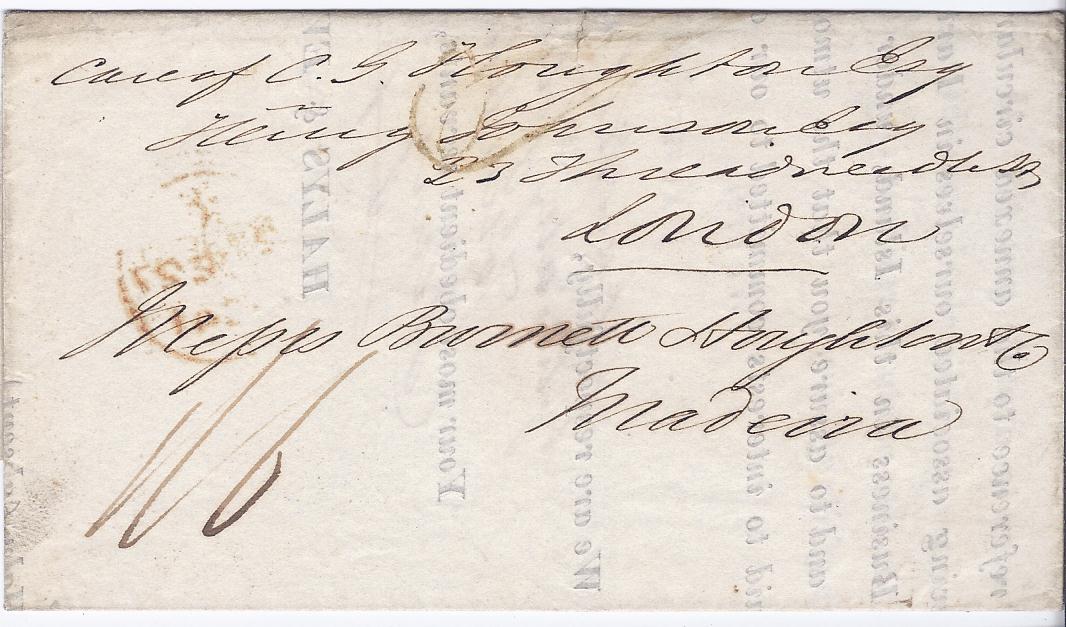 Barbados 1841 part printed entire to Madeira, annotated "care of c.G. Houghton Esq, London", struck on the reverse with the large double arc Barbados date stamp and London arrival, front bearing a manuscript "1/6" rate and the reverse a "2/6" rate for the forwarding to Madeira which had to be prepaid.