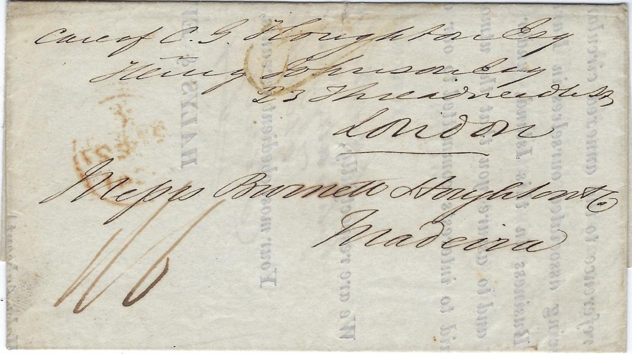 Barbados 1841 part printed entire to Madeira, annotated "care of C.G.Houghton Esq, London", struck on the reverse with the large double arc Barbadoes cds and London arrival, front bearing a manuscript "1/6" rate and the reverse a "2/6" rate for the forwarding to Madeira which had to be prepaid.