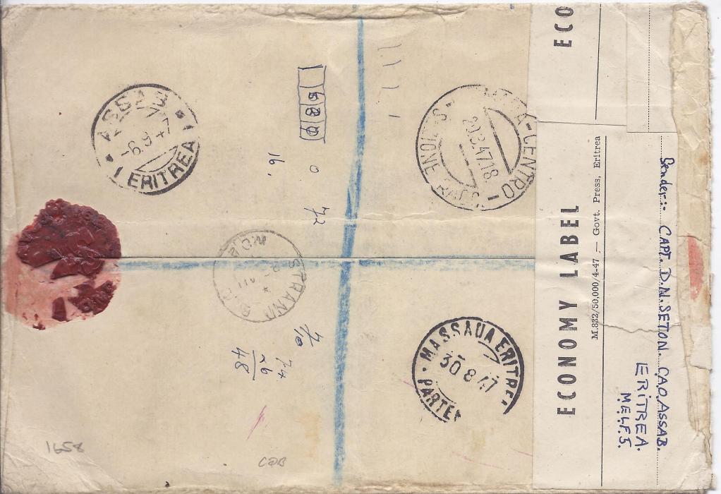 British Occupation Of Former Italian Colonies 1948 (1.3.) registered airmail cover to England franked 6d. and 2/6d. tied Assab, Eritrea cds. The envelope has been re-used with labels hiding previous British franking and address, originally coming registered from England with the reverse showing an Assab arrival of 6.9.47 together with Massaua Eritrea transit.