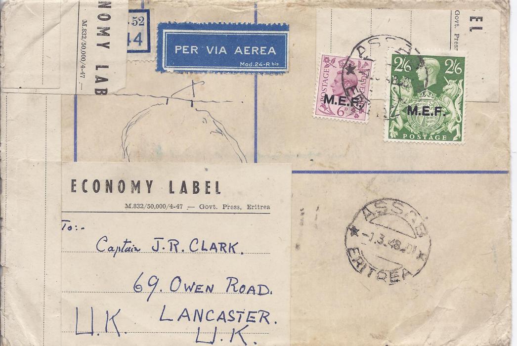 British Occupation Of Former Italian Colonies 1948 (1.3.) registered airmail cover to England franked 6d. and 2/6d. tied Assab, Eritrea cds. The envelope has been re-used with labels hiding previous British franking and address, originally coming registered from England with the reverse showing an Assab arrival of 6.9.47 together with Massaua Eritrea transit.