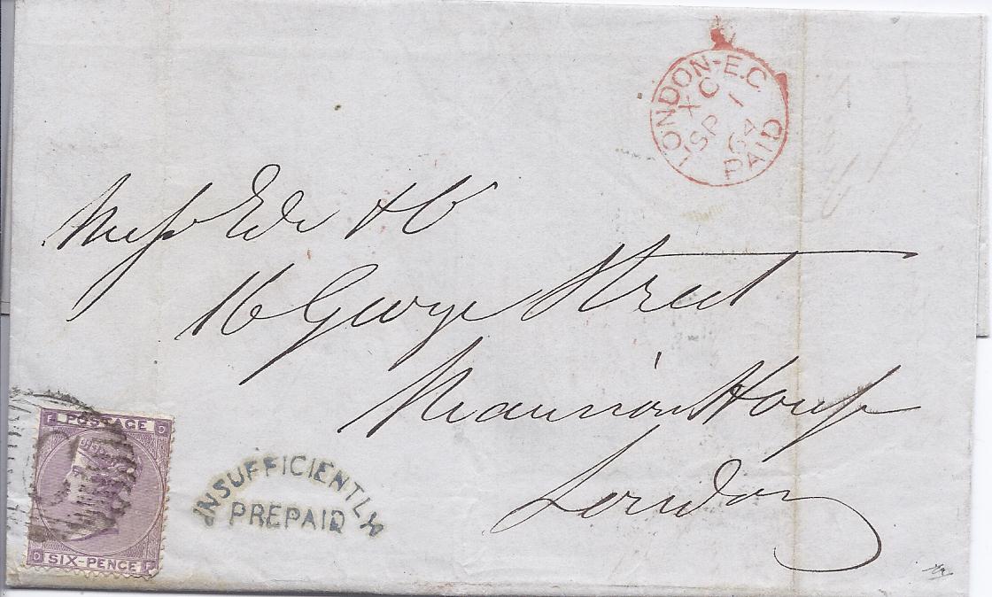 British Levant 1864 entire to London underfranked 6d., DF, tied C obliterator with bluish-black unframed cursive INSUFFICIENTLY PREPAID handstamp alongside, London Paid cds at top right, British Post Office Constantinople cds on reverse in same colour as instructional handstamp; two light filing creases, slightly affecting adhesive