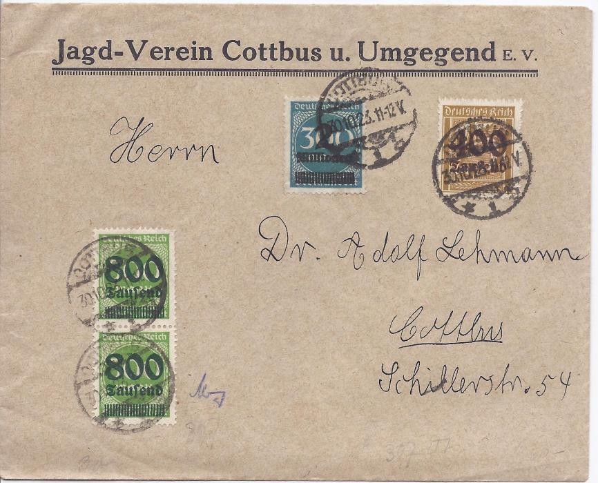 Germany 1923 (30.10.) commercial envelope used within Cottbus, the franking including a vertical pair of the rare 800 Tsd on 500m. With Hartmut Winkler BPP photo certificate. A fine correctly rated franking bearing one of the rarest stamps of the Inflation period.