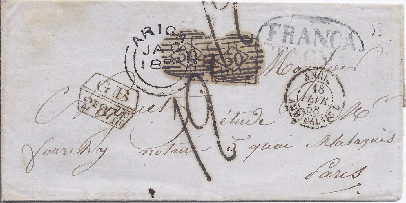 Chile 1858 (JA 6) outer letter sheet to Paris bearing framed local FRANCA/ TACNA handstamp, passed to British Post Office at Arica who applied double arc date stamp. At London, in transit framed accountancy G.B./ 1f60c applied in error and overstruck by two 50 barred numerals and correct G.B./ 2f87 5/10c applied at left, French entry cds and 12 decimes charge handstamp, London transit and arrival backstamps; some toning on reverse of cover.