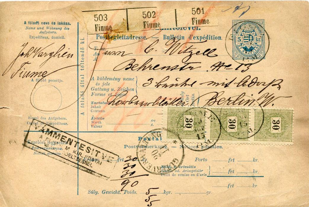 Hungary Fiume. 1889 5Kr stationery parcel card covering three parcels each 5kg. weight, uprated with vertical strip of three 30Kr. tied Fiume cds, reverse with Breslau transit and Berlin arrival.