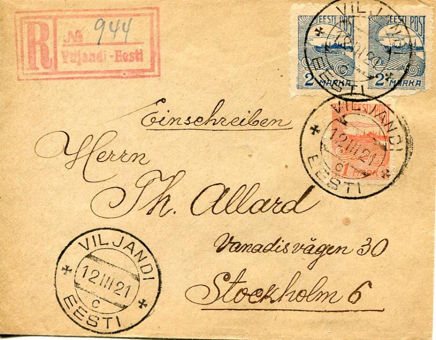Estonia 1921 (12.III). Registered cover to Sweden franked privately roulette 1m. and pair of 2m. tied Viljandi Eesti cds, red registration handstamp at top left, without backstamp. The 2m with rounded bottom right corner.