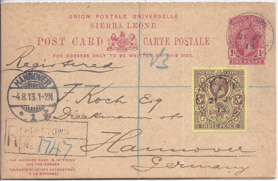 Sierra Leone 1913 1d. reply postal stationery envelope, registered to Hannover, Germany and uprated with 3d., Freetown despatch cancels and handstamped registration, arrival cancel at left, reverse with London transit. Card still intact with short greetings message, reply section not used.