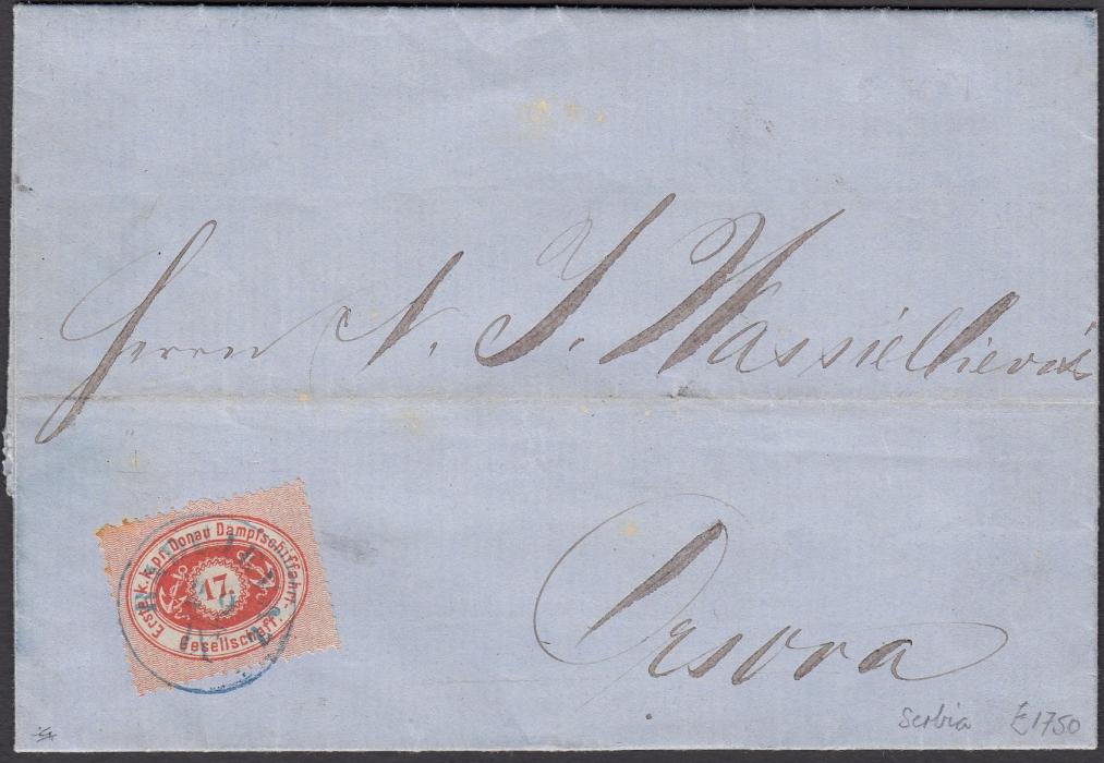AUSTRIA D.D.S.G./SERBIA 1867 entire written at Negotin sent to Orsova, Romania by Austrian Danube Shipping Company franked 17Kr red, perf. 12, 1866 D.D.S.G. issue, applied and cancelled by D.D.S.G. Agency RADUJEVAC cds. Rare usage of Austrian D.D.S.G. agencies in Serbia.