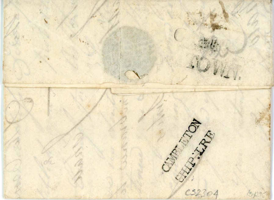 CANADA GREAT BRITAIN/CANADA: 1800 Aug 14 Entire from Quebec per the Albion to Greenock, rated 11 (4d ship, 2d captain and 5d inland), reverse struck with superb CAMBLETON/SHIP:LRE and CAMBLE/TOWN, very fine and rare. Robertson notes this as the first Scottish type of named ship-letter.