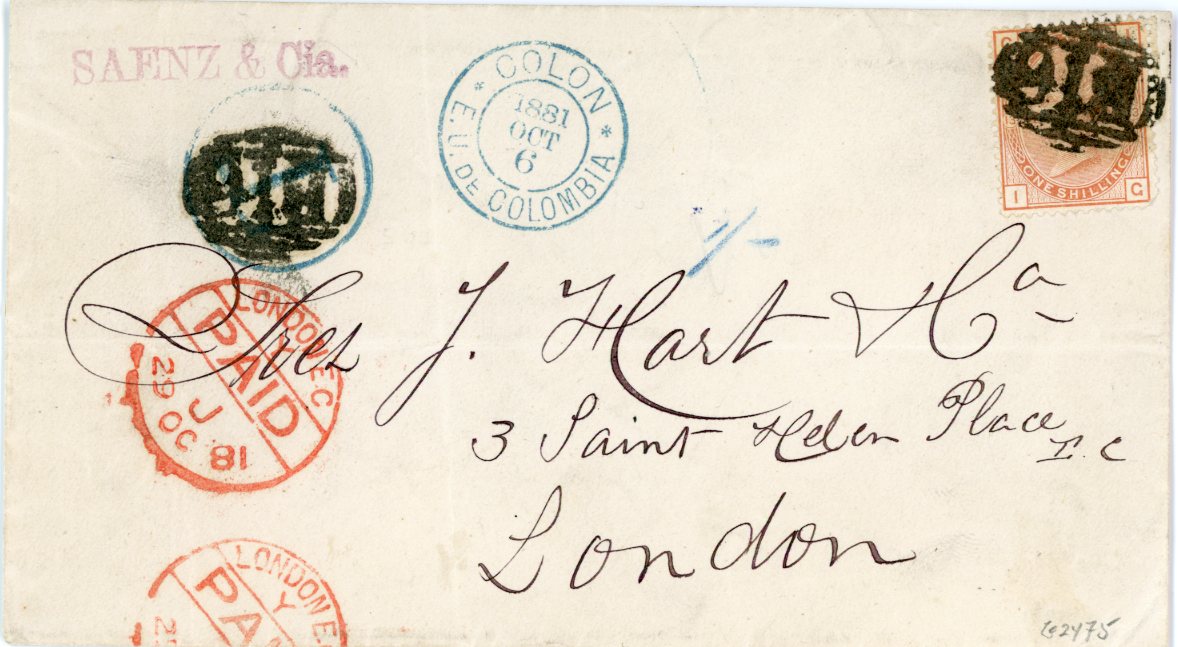 GB USED ABROAD / COLON GREAT BRITAIN USED ABROAD:  COLON 1881 Oct 6 Envelope to London franked 1880 1s orange-brown plate 13 lettered I-G, well centered, 1 shortish corner perf., tied by barred B16 cancel, blue Colon E.U. de Colombia despatch with matching blue T in circle handstamp, obliterated by a further B16 strike, London Oct 29 arrival backstamp. Envelope with couple of minor folds. The British P.O. closed prior to the usage of this stamp but not not picked up by the mail clerk at Plymouth who cancelled it B16. Rarity. ex Saylor.