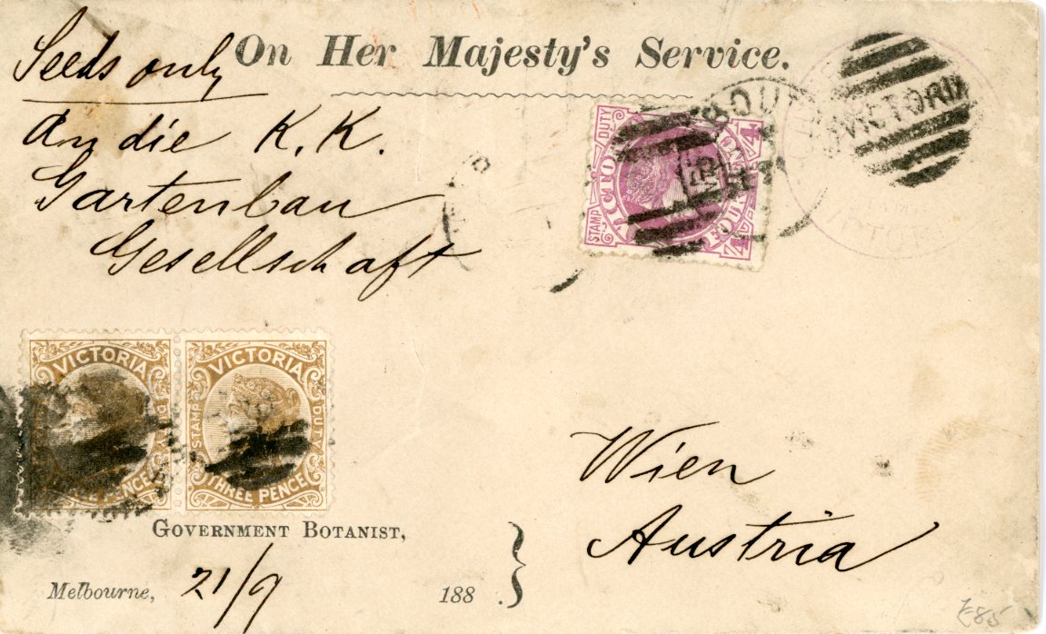 AUSTRALIAN STATES: VICTORIA AUSTRALIAN STATES: VICTORIA 1888 (21 9) printed envelope On Her Majestys Envelope/Government Botanist Melbourne franked 1885-95 3d brown pair (with smudged cancel) + 4d magenta tied by Melbourne Victoria duplex, ms notation 