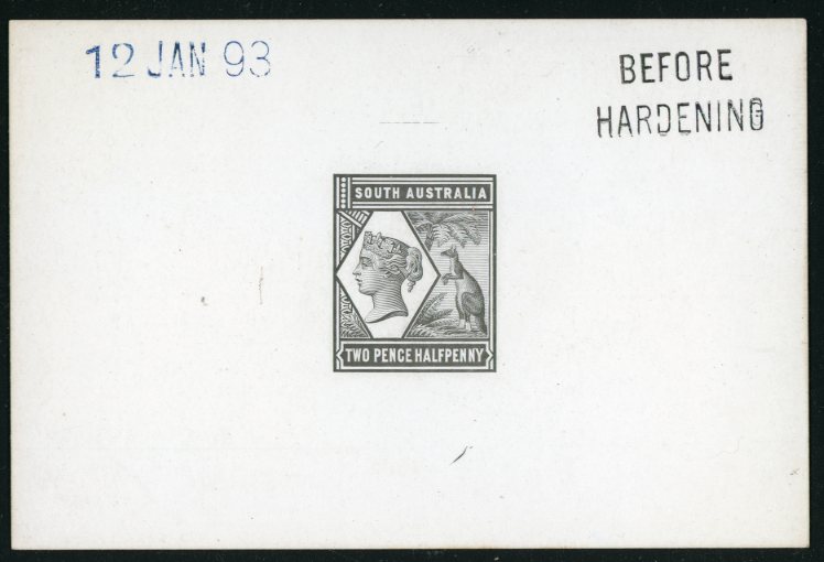AUSTRALIAN STATES: SOUTH AUSTRALIA AUSTRALIAN STATES: SOUTH AUSTRALIA 1894 2 1/2d die proof in black on glazed card (92 X 60mm) endorsed 
