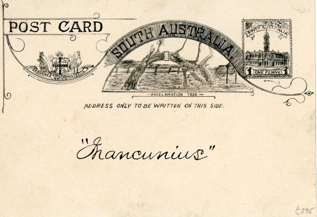 AUSTRALIAN STATES: SOUTH AUSTRALIA  AUSTRALIAN STATES: SOUTH AUSTRALIA 1890 Post Office Design Competition well-executed essay in India ink on thin card for a proposed Adelaide General Post Office 1d issue with POST CARD SOUTH AUSTRALIA heading and Coat of Arms with Kangaroo & Emu at left and the Proclamation Tree at Glenelg between this and the value at top, the artists pseudonym 