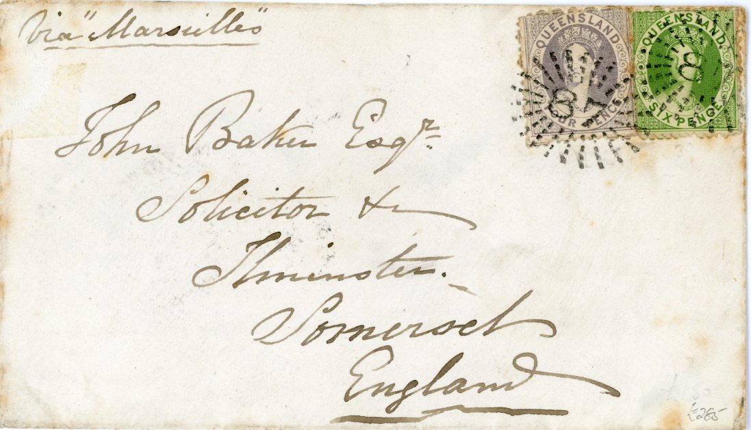 AUSTRALIAN STATES: QUEENSLAND AUSTRALIAN STATES: QUEENSLAND 1867 (No 20) envelope to England franked 1866-67 4d grey-lilac 2nd transfer and 1863-67 6d green tied by fine 87 starburst cancel, Ipswich dispatch, Brisbane transit and Ilminster arrival bss, some slight peripheral toning.