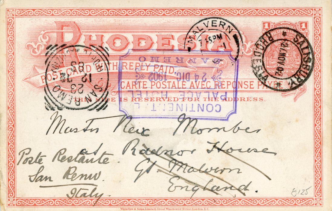 RHODESIA RHODESIA: 1902 (27 NOV) 1d red stationery card illustrated with photo on reverse of native children in front of a hut with Christmas Greetings, readdressed on arrival to Italy with San Remo cds (22 12) and violet hotel cachet, small imperfections.