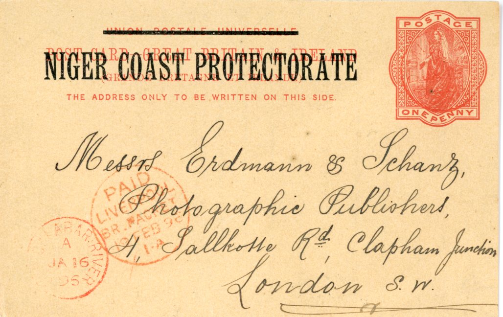 NIGERIA NIGERIA: 1896 (JA 16) GB 1d red stationery card ovpt. NIGER COAST PROTECTORATE cancelled CAABAR RIVER cds in red Type 1 code A, further strike below, addressed to London, commercial usage requesting photos. Transit PAID/LIVERPOOL/BR.PACKET 19 Feb cds alongside, fine and very scarce.