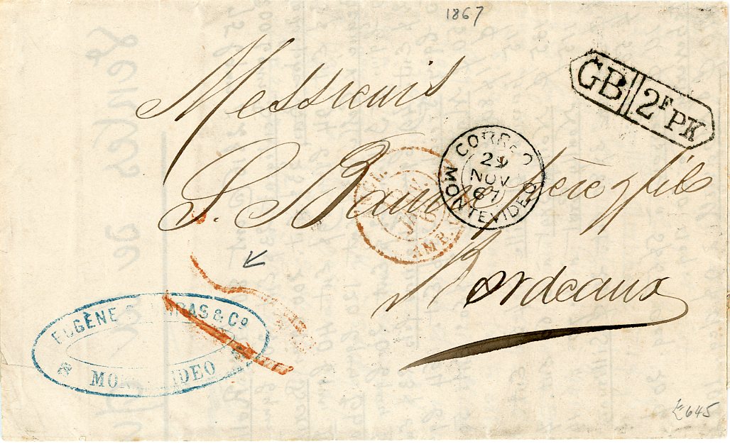 URUGUAY / FRANCE URUGUAY / FRANCE: 1867 (29 Nov) printed pricelist to Bordeaux with Montvideo dispatch, French entry 15 Ja 68, rated 15 decimes in red, GB//2fPK hexagonal boxed accountancy mark, v.fine and scarce strike  all on the obverse.