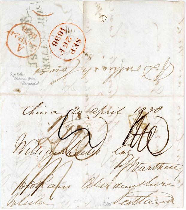 GREAT BRITAIN MARITIME / CHINA GREAT BRITAIN MARITIME / CHINA: 1838 (20Apr) Entire to Scotland written from Canton , with arrival 24/9, hs boxed SHIP LETTER/COWES in UNRECORDED green, fine seal on reverse, very fresh.