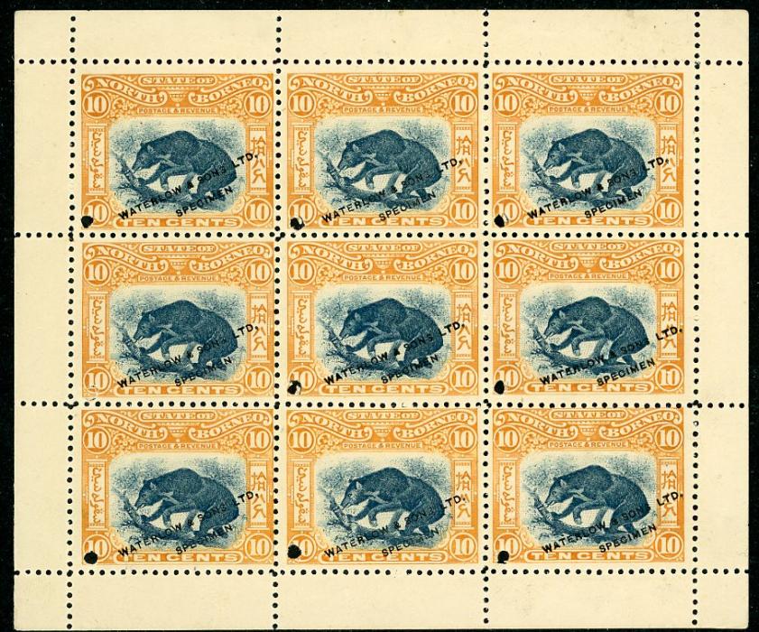 NORTH BORNEO NORTH BORNEO: 1897-1902 proof sheetlet of nine 10c Sun Bear in unissued orange-brown and black, all punctured and ovpt. diagonal WATERLOW & SONS LTD/SPECIMEN, central stamp with thin, no gum as issued, central stamp with a thin.