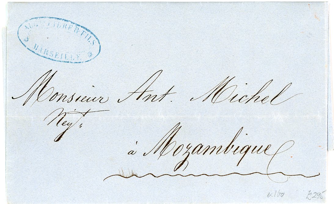 PORTUGUESE COLONIES PORTUGUESE COLONIES: MOCAMBIQUE 1860 !7 6) Folded accounts with IBO dateline  addressed to Mocambique with Marseille Company cachet, no postal markings, fine