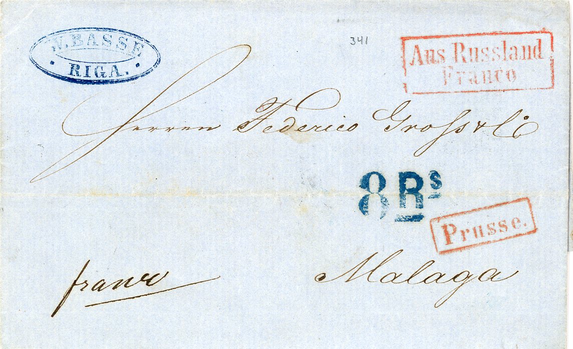 LATVIA LATVIA: 1862 (21 Feb) folded cover to Spain with Riga company cachet on front, boxed Aus/Russland/Franco & PRUUSE in red, 8Rs (reales) postage due hs in blue, on reverse Riga dispatch, Eydkuhnen Bromberg transit, Irun Espana (10 Mai) entry and Malaga 14/3 arrival, very fine
