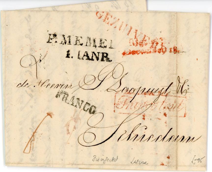 LATVIA LATVIA: 1831 (29 Dec) entire to Netherlands  with red Riga straight line dated dispatch in red, P.MEMEL/1 JANR transit & FRANCO in black, boxed Franco tout alongside, disinfected by spiking with red s/l GEZUIVERD hs, Schiedam arrival in red, fine.