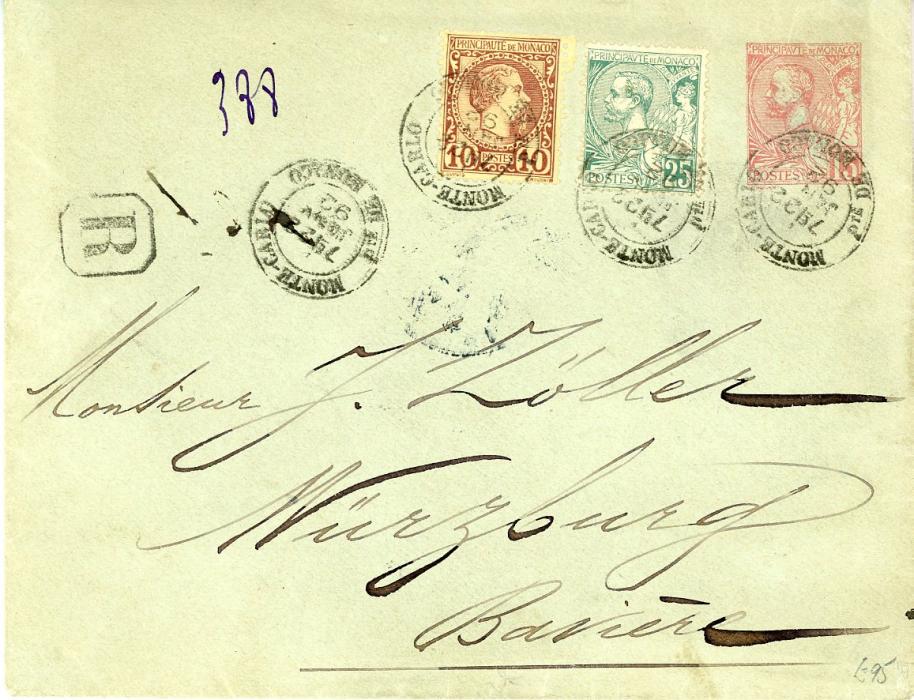 MONACO MONACO: 1892 (22 Janv) registered 15c postal envelope to Germany uprated 1885 10c + 1891 25c tied by Monte-Carlo cds with framed R alongside, Wurzburg 24 Jan arrival, fine mixed franking
