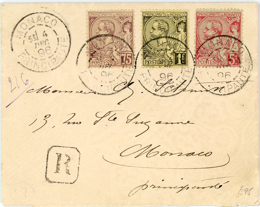 MONACO MONACO: 1896 (4 Dec) Registered internal envelope franked 75c + !fr + 5fr on philatelic envelope, v.fine