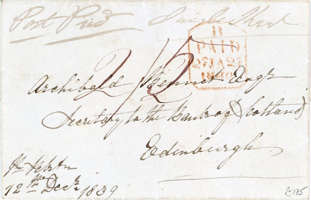 ST LUCIA ST LUCIA: 1839 (12 Dec) Folded cover to Scotland with St Lucia fleuron on reverse, endorsed Post Paid  Single Sheet, rated 2/2, red tombstone London arrival 27 JA 27 1840, Scotland entry (Jan 28), overpaid 1s2d as new rate came into force in January for mail from the West Indies, being prepaid not refundable, rare as such, fine