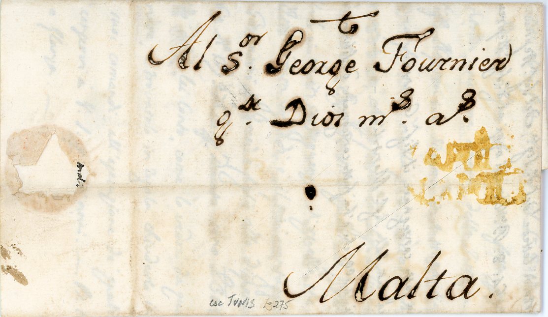 MALTA / TUNISIA MALTA / TUNISIA: 1771 (29 June) entire to George Fournier, Malta, with a Tunis dateline, routed through Naples, disinfected
