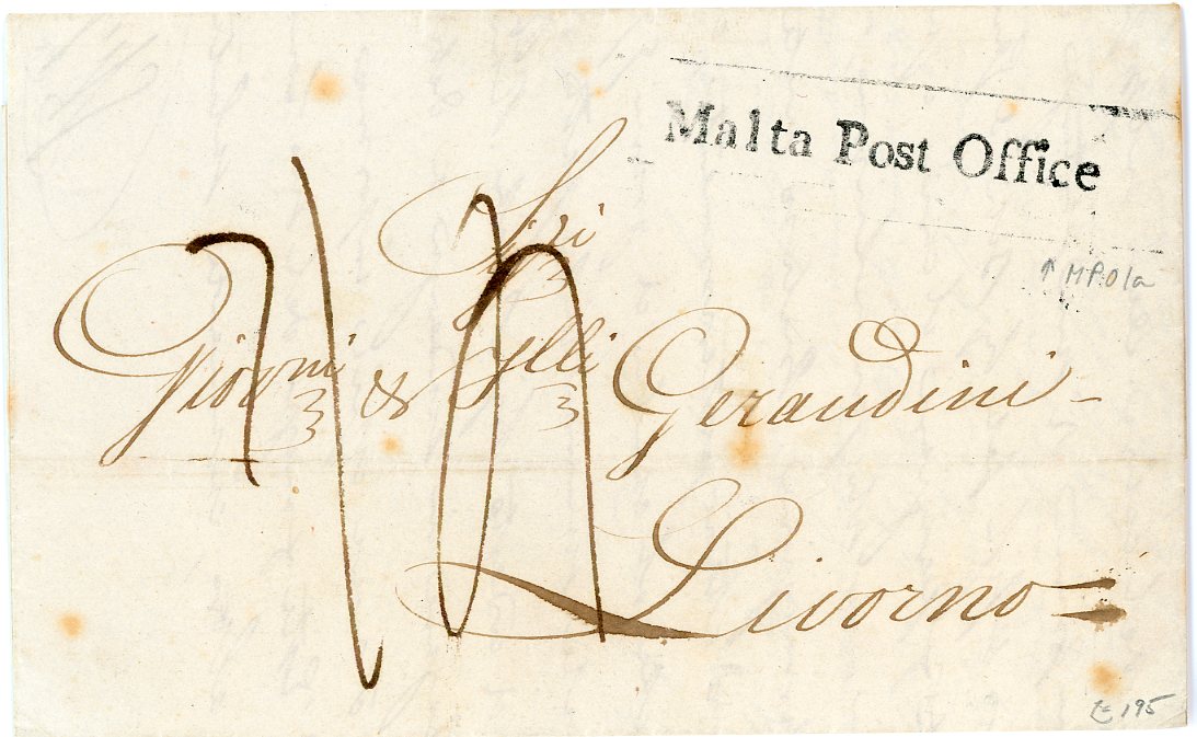 MALTA MALTA: 1842 (25 July) Entire to Italy with fine boxed Malta Post Office (M.P.O.1a), the box much clearer than is usual, red Livorno 30 Jul arrival, fine