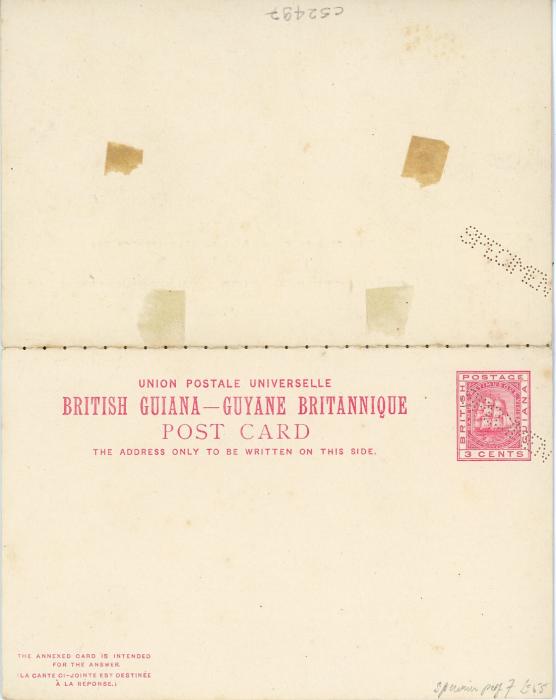 BRITISH GUIANA BRITISH GUIANA: 1883 (Sept 1) 3c carmine reply post card both perforated SPECIMEN, fine mint