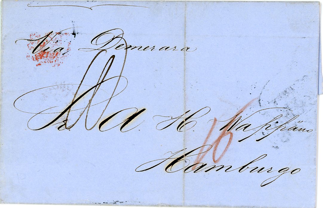 BRITISH GUIANA / VENEZUELA BRITISH GUIANA / VENEZUELA: 1858 (Sp 7) Entire from CUIDAD BOLIVAR (VENEZUELA) 25 Au dateline routed via Demerara with latest recorded date of the Demerara double arc, with red London transit (Oc 2), St P.A. (Oc 4) German entry, central vertical crease, unusual origin
