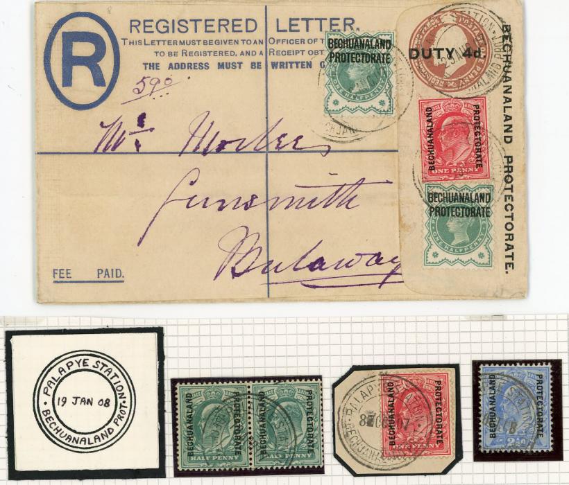 BRITISH BECHUANALAND BRITISH BECHUANALAND: 1907 (29 Aug) KEVII 4d registered envelope to Rhodesia franked QV Jubilee 1/2d blue-green + KEVII 1d (SG60 + 80) on registered KEVII 2 pence/one penny stationery envelope ovpt. DUTY 4d tied by PALAPYE STATION cds with Bulawayo arrival (AU 10). Also KEVII 1/2d pair, 1d + 2 /1/2d all used with same cancel, fine, ex Fenemore