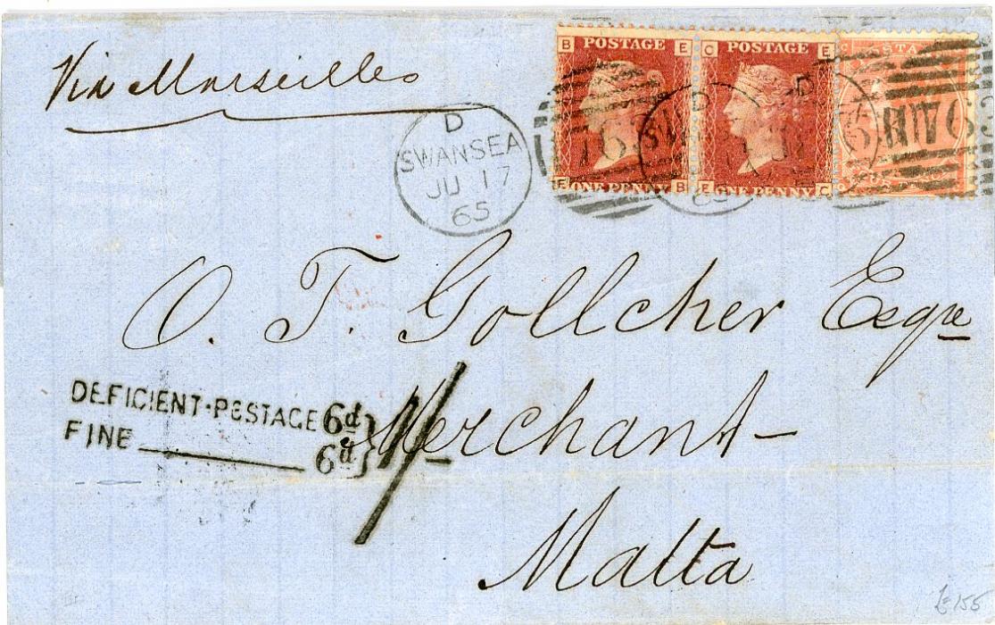GREAT BRITAIN / MALTA GREAT BRITAIN / MALTA: 1865 (JU 17) folded cover to Malta franked 1d plate 71 (pair) + 4d pale red tied by Swansea 763 duplex, hs Deficient. Postage 6d/Fine Postage 6d  (total) 1s, arrival bs, fine £155GREAT BRITAIN/MALTA: 1867 (Sp 25) entire from Glasgow to Malta franked 1867 10d red-brown plate 1 tied by Glasgow 159 duplex, hs tax mark Deficient postage 2/Fine Postage 6, Malta arrival (1/10), fine