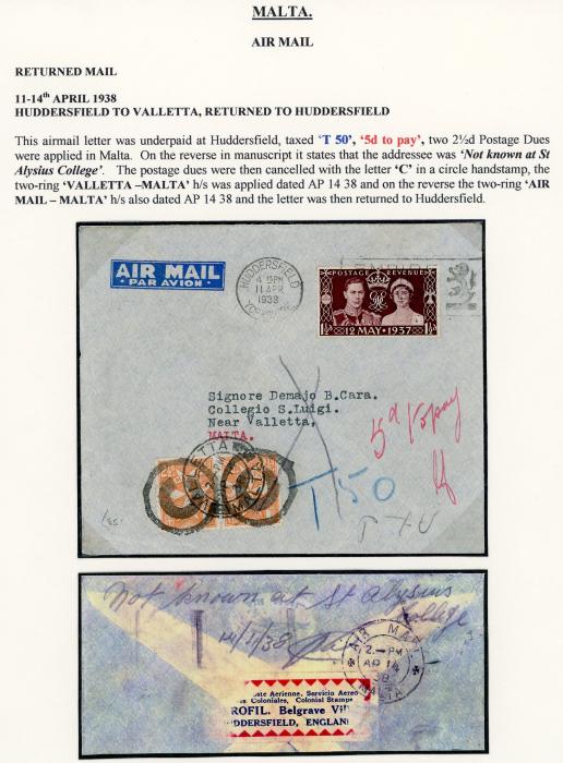 MALTA MALTA: 1938 (11 Apr) Incoming cover to Malta franked GB 1 1/2d Coronation, taxed on arrival 2 1/2d orange postage due pair tied by Valetta Ap 14 cds, various manuscript tax annotations , undelivered, not known at..., refused and returned to Huddersfield